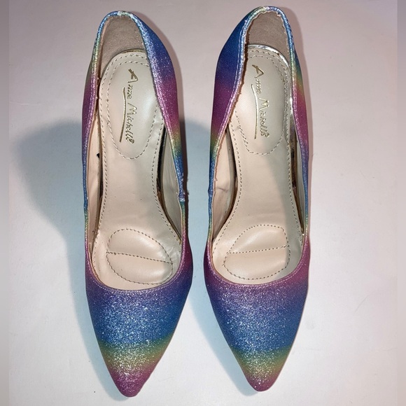 Anne Michelle Glitter Pumps Rainbow Heels Pointed Toe HIBISCUS Stilletos sz 7 - Picture 4 of 16